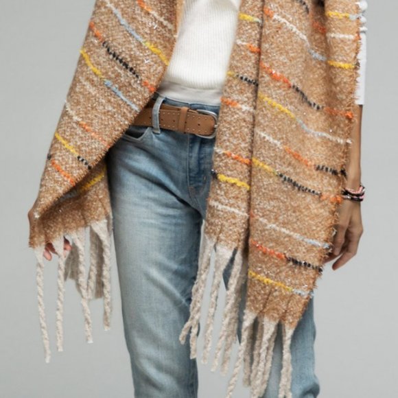NEW Colorful Stitch with Metallic Glitz Soft Fringe Tassel Oblong Scarf Beige - Picture 7 of 8